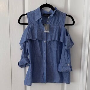 Express Blue Ruffled Cold Shoulder Shirt